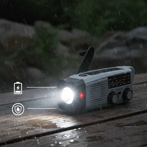 Solcelledrevet nødradio med håndsving, lys og SOS-funktion