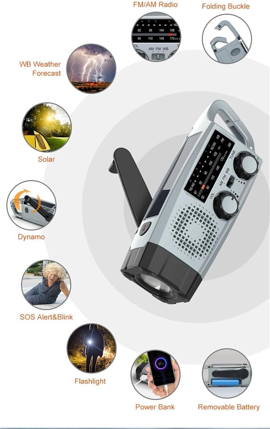 Solcelledrevet nødradio med håndsving, lys og SOS-funktion