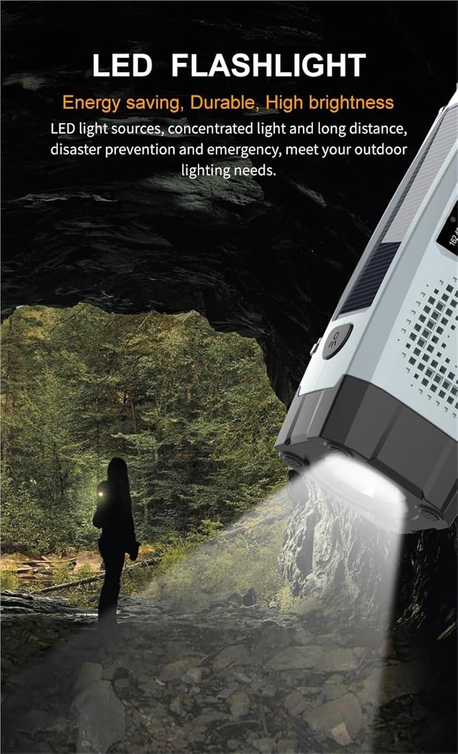 Solcelledrevet nødradio med håndsving, lys og SOS-funktion