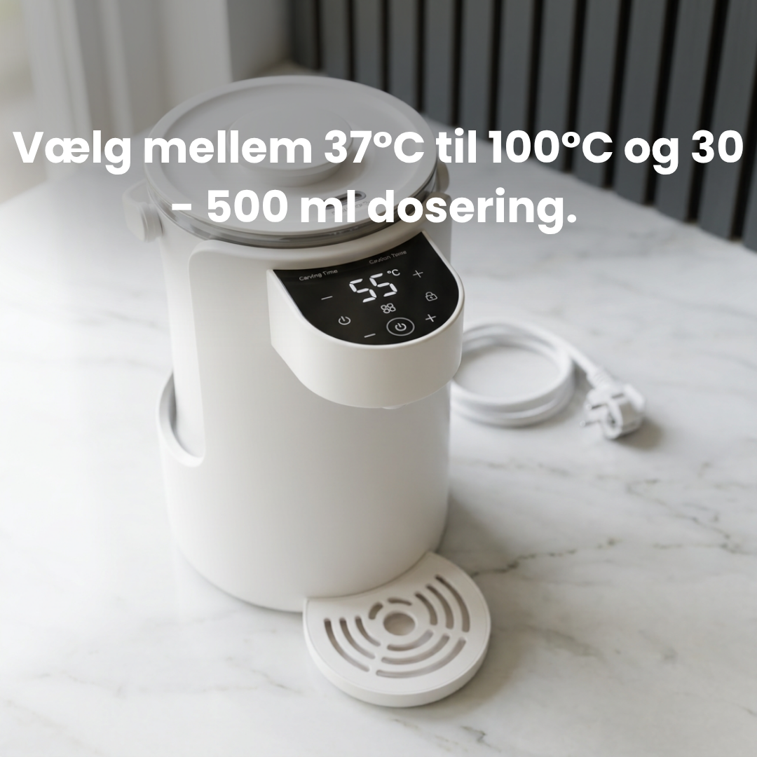 Vanddispenser til babyflasker med temperaturvalg og 2 liters beholder