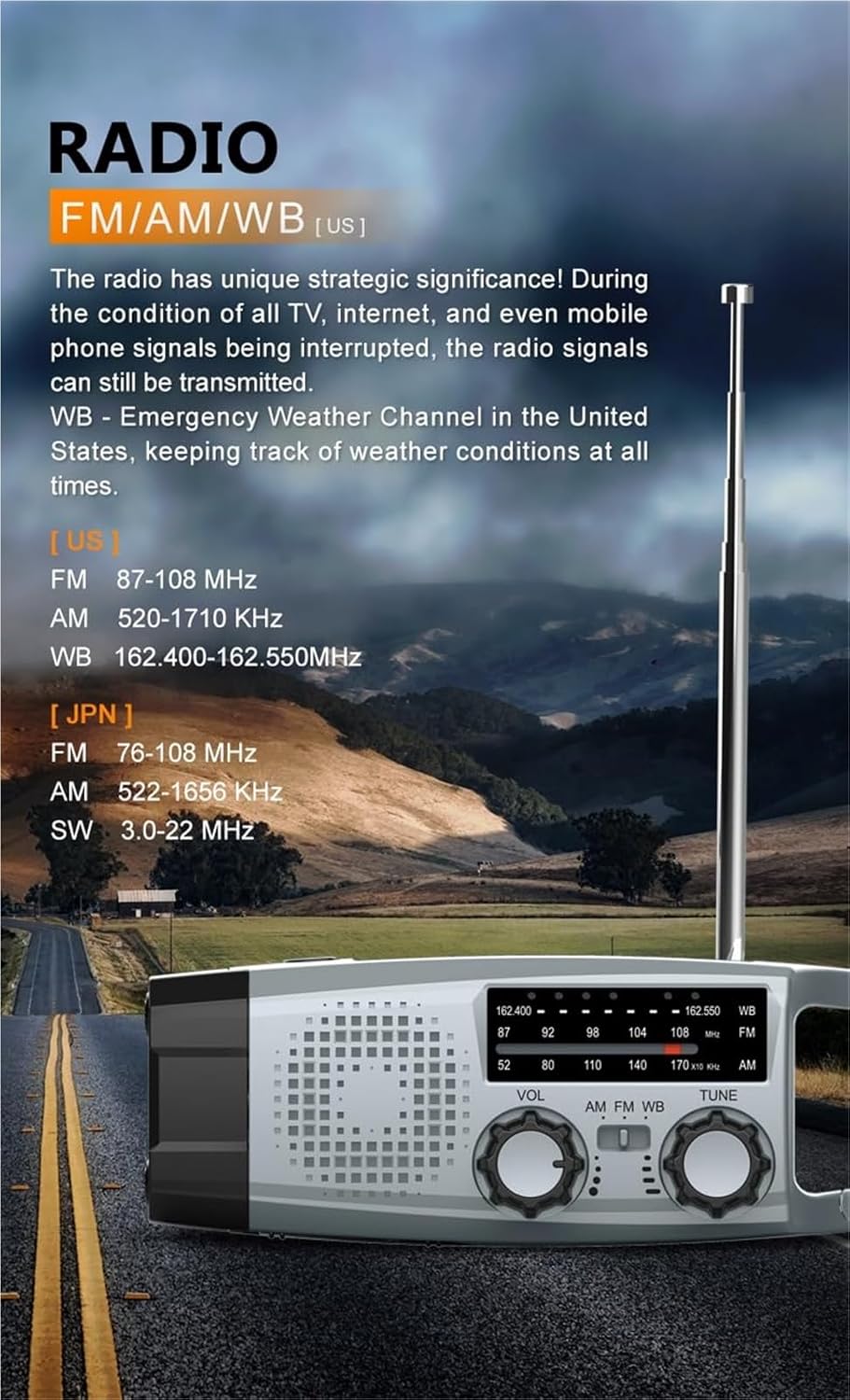 Solcelledrevet nødradio med håndsving, lys og SOS-funktion