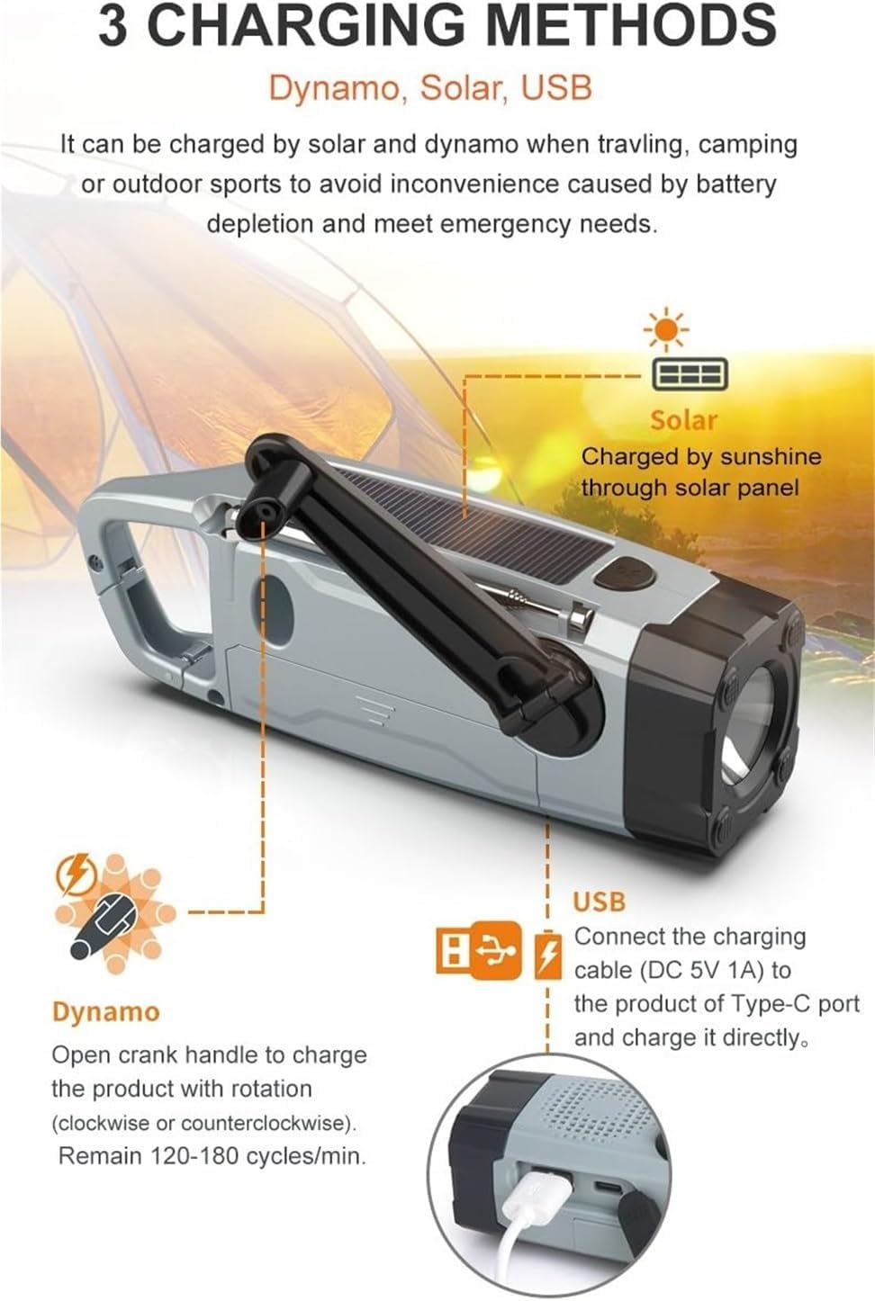 Solcelledrevet nødradio med håndsving, lys og SOS-funktion