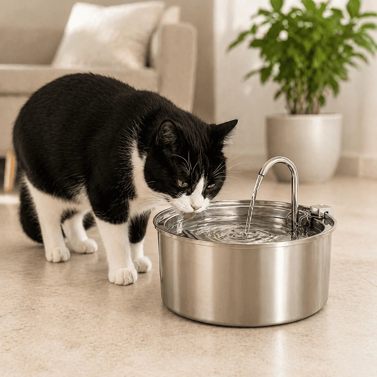 Vandfontæne til katte i rustfrit stål