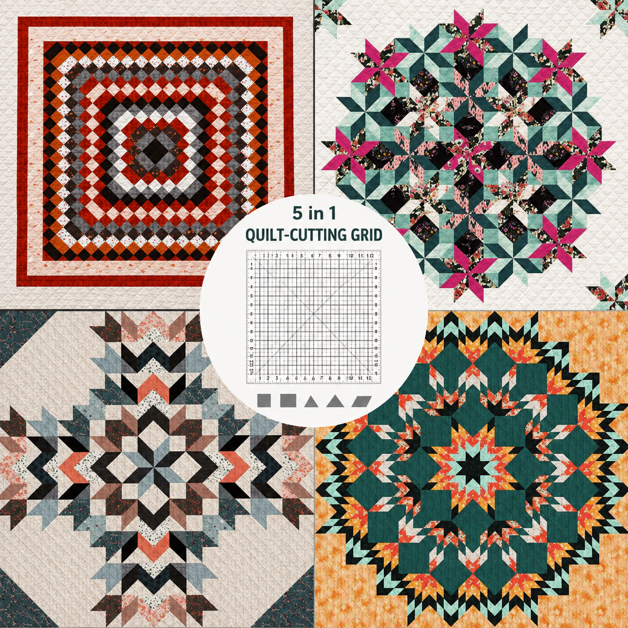 Set de règles de quilting 5-en-1 avec cutter rotatif