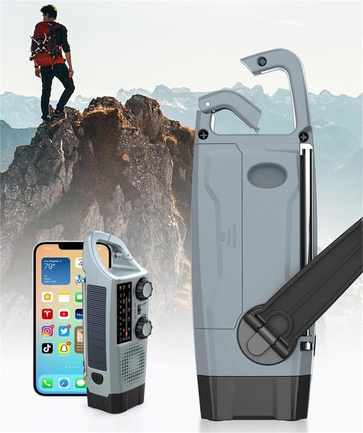 Solcelledrevet nødradio med håndsving, lys og SOS-funktion