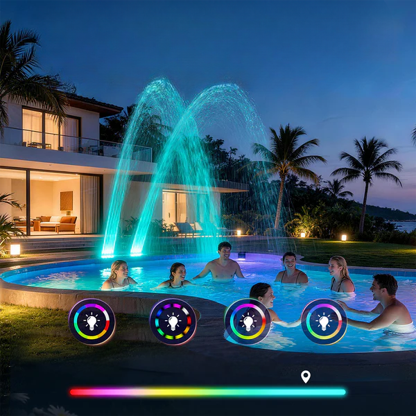 Solcelledrevet poolfontæne med dobbelte vandbuer og RGB-LED