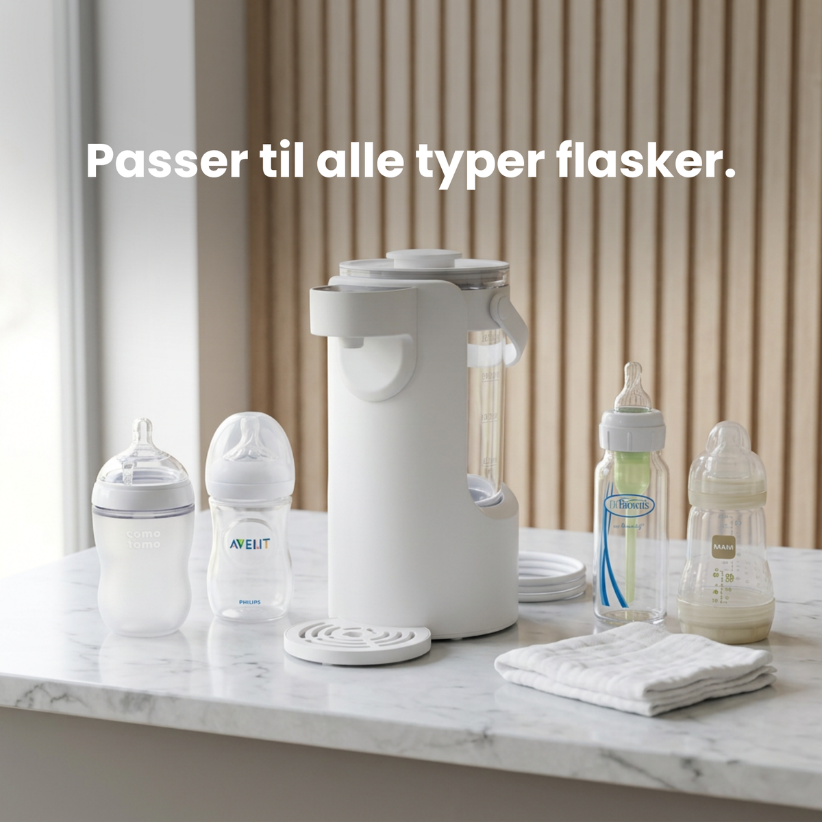 Vanddispenser til babyflasker med temperaturvalg og 2 liters beholder