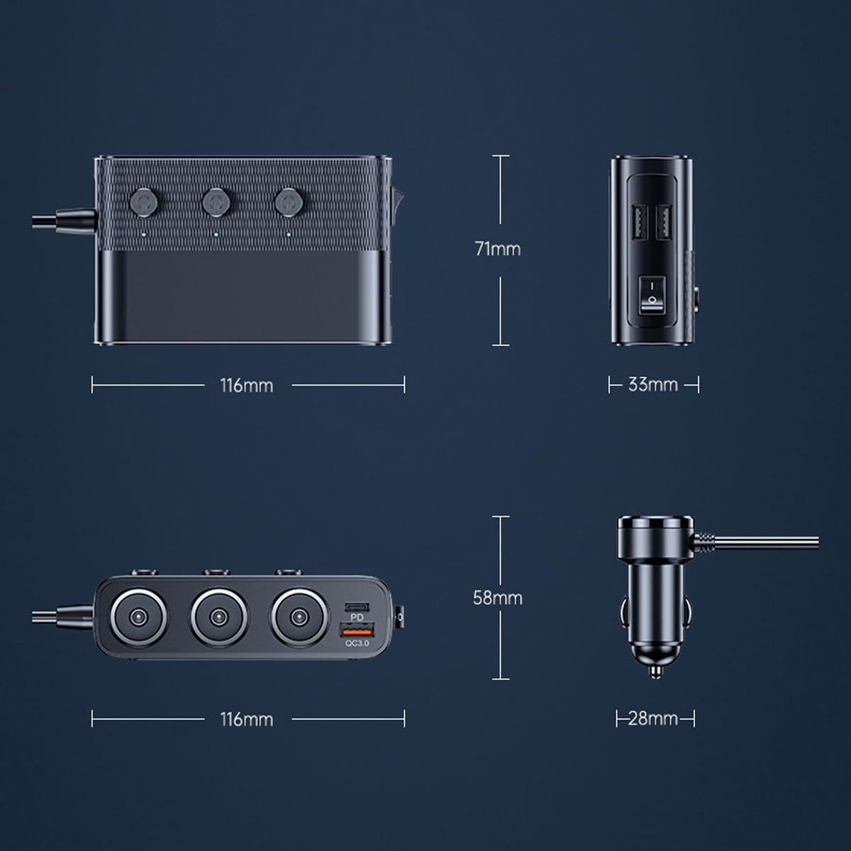 7-i-1 biladapter med tre 12 V-udtag og fire USB-porte