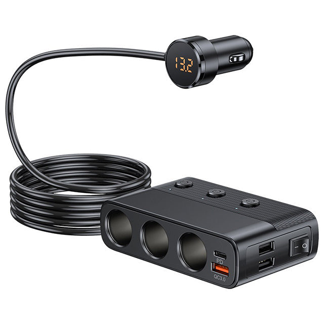 7-i-1 biladapter med tre 12 V-udtag og fire USB-porte