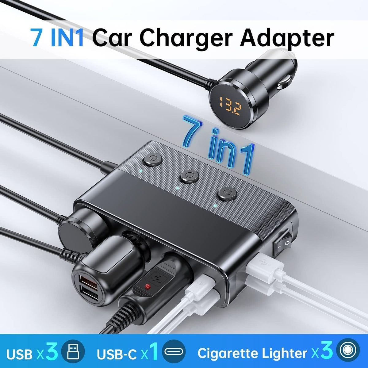 7-i-1 biladapter med tre 12 V-udtag og fire USB-porte