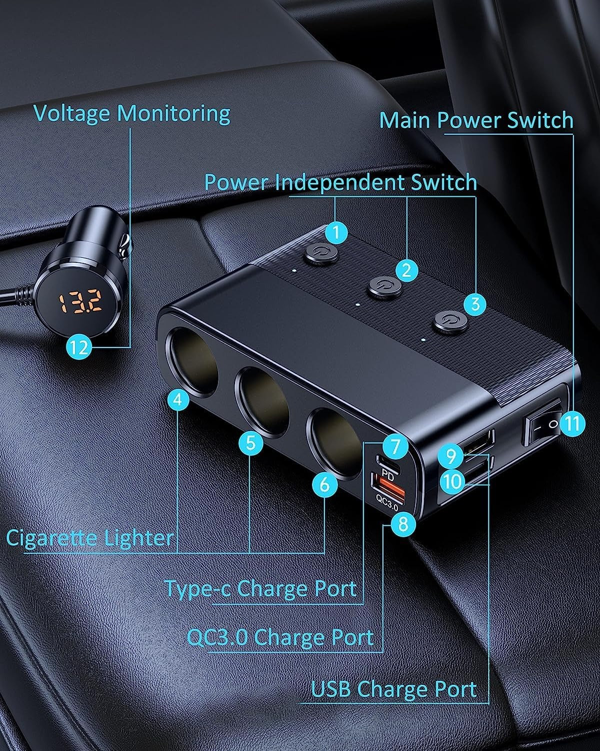 7-i-1 biladapter med tre 12 V-udtag og fire USB-porte