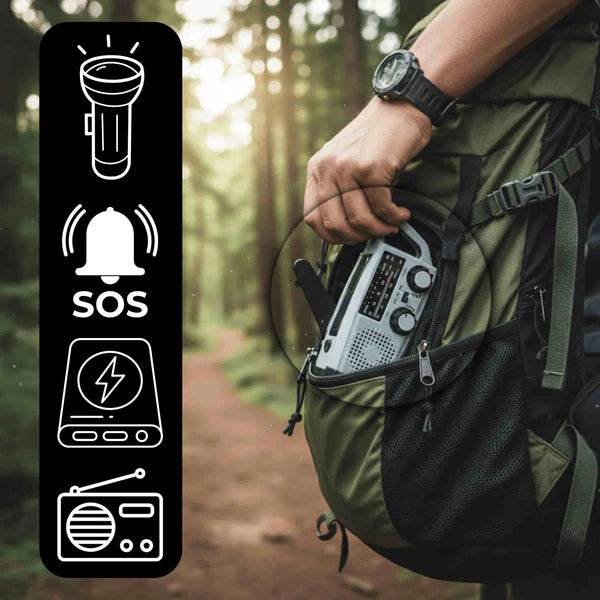 Solcelledrevet nødradio med håndsving, lys og SOS-funktion