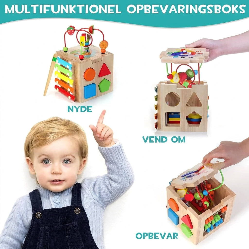 Aktivitetskube med 8 aktiviteter, xylofon og perlebane