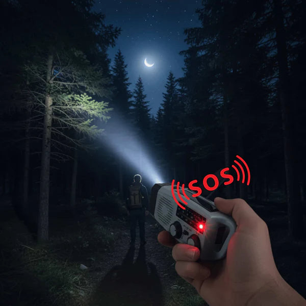 Solcelledrevet nødradio med håndsving, lys og SOS-funktion