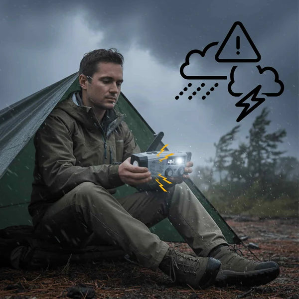 Solcelledrevet nødradio med håndsving, lys og SOS-funktion