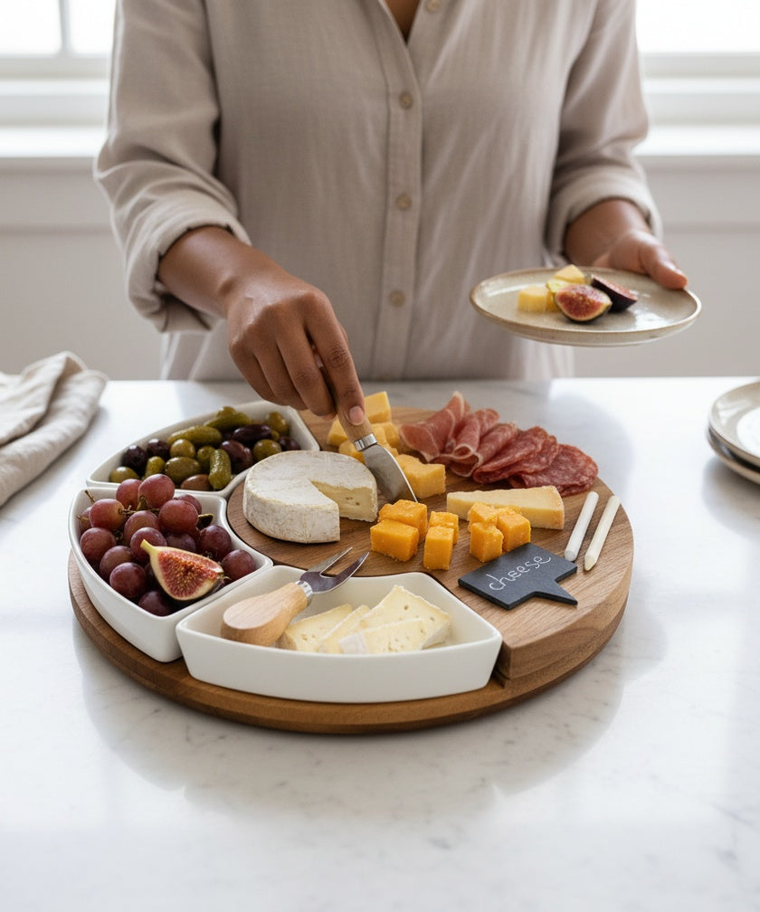 Rundt serveringsfad i bambus til snacks og tapas