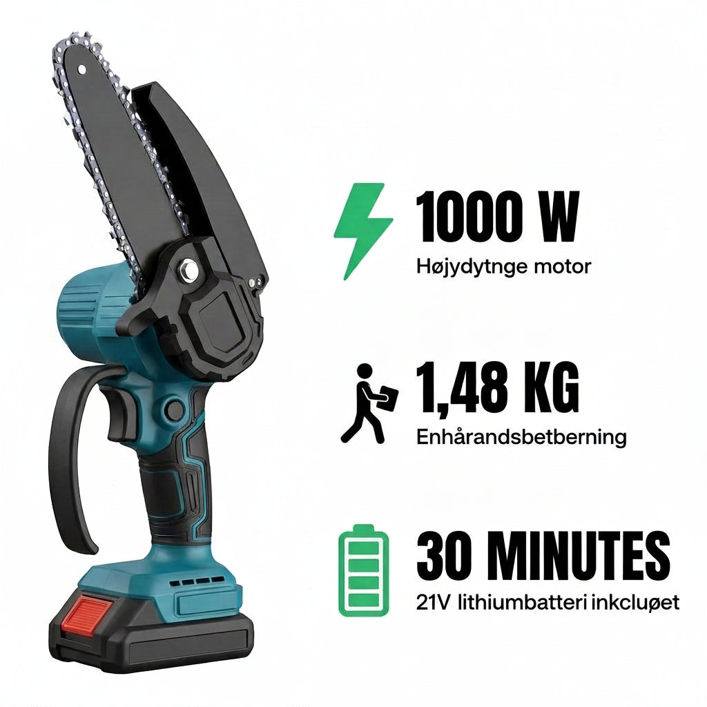 Batteridrevet mini-kædesav til beskæring
