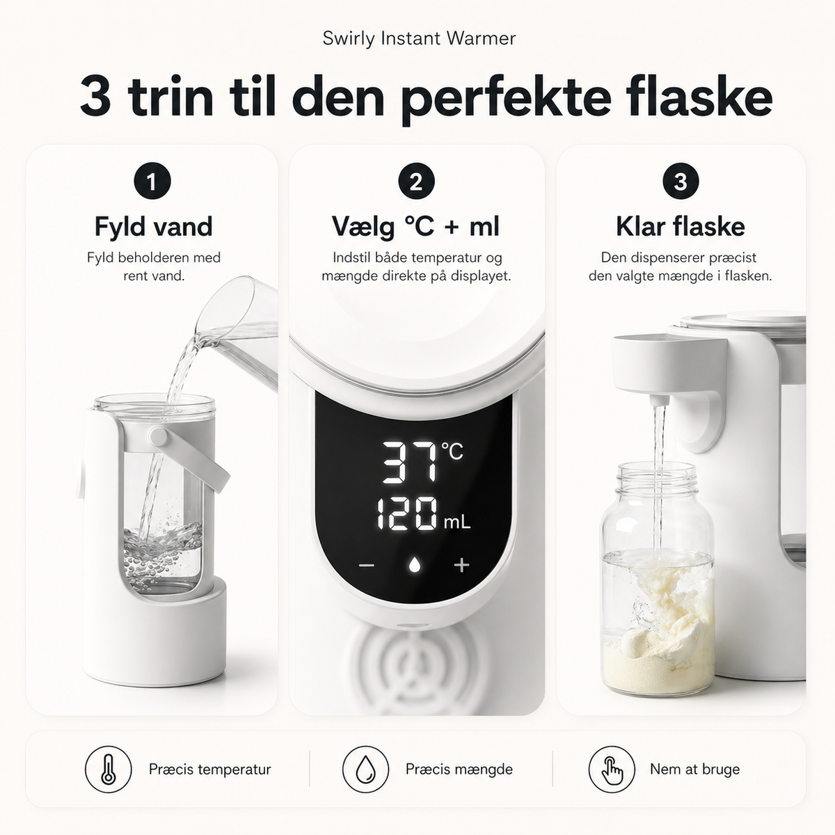 Vanddispenser til babyflasker med temperaturvalg og 2 liters beholder