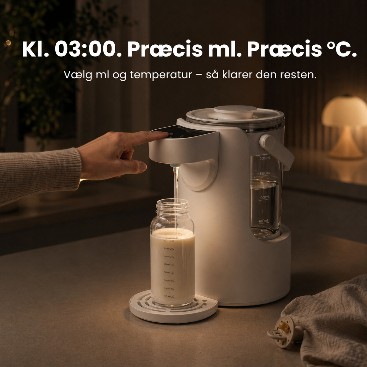 Vanddispenser til babyflasker med temperaturvalg og 2 liters beholder