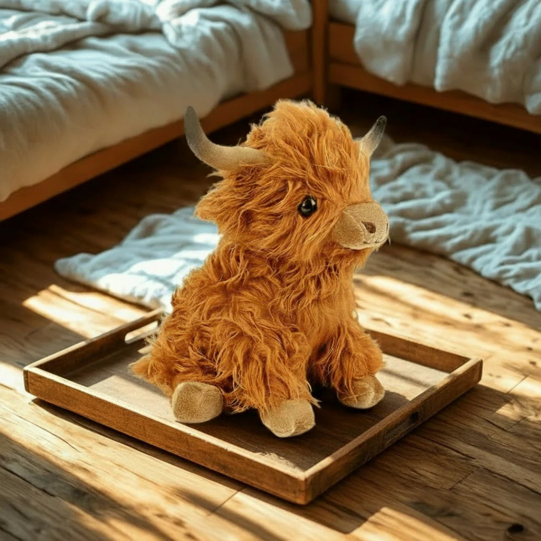 Blød bamse i form af en Highland-ko i krammevenligt plys