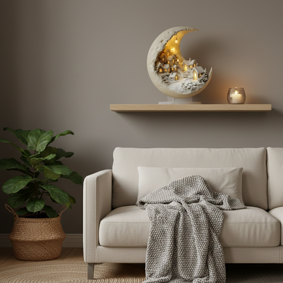 LED-borddekoration i akryl med måneformet vinterlandsby