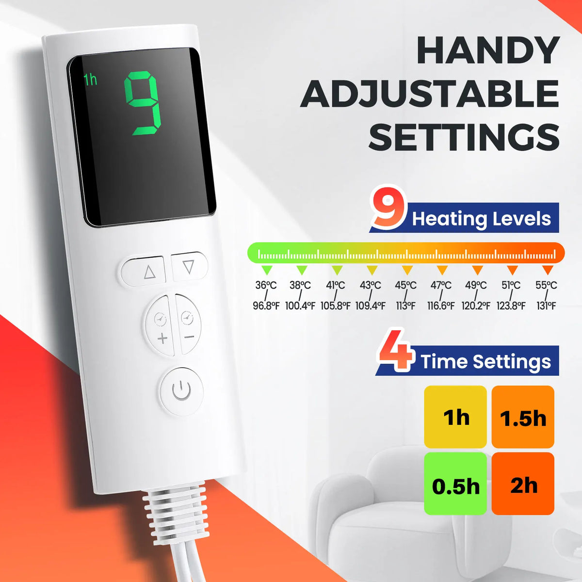 Elektrisk fodvarmer med ni temperaturtrin og timer