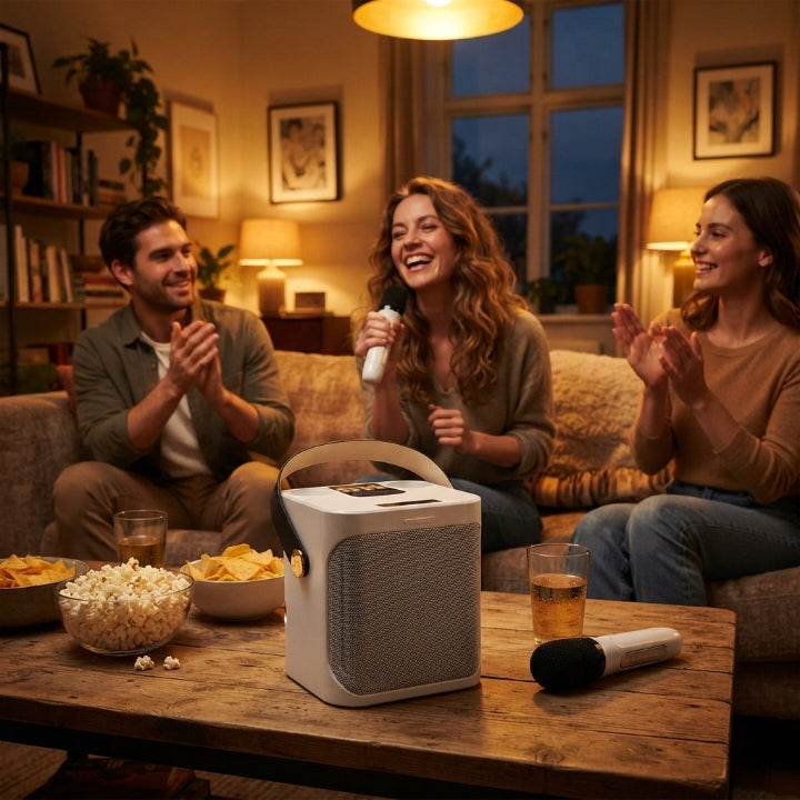 Bluetooth-karaokehøjttaler med 2 trådløse mikrofoner og 360° lyd