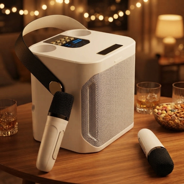 Bluetooth-karaokehøjttaler med 2 trådløse mikrofoner og 360° lyd