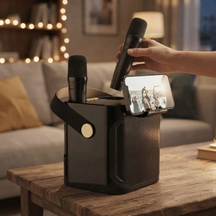 Bluetooth-karaokehøjttaler med 2 trådløse mikrofoner og 360° lyd