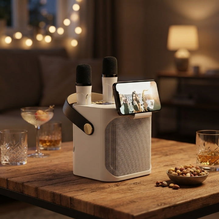 Bluetooth-karaokehøjttaler med 2 trådløse mikrofoner og 360° lyd
