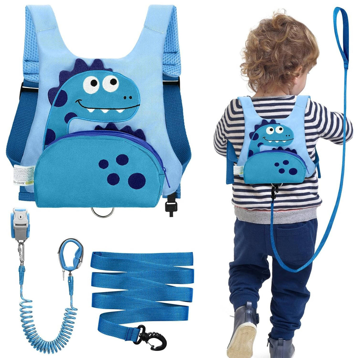 Børnesele med dinosaurdesign, lomme og 2,5 m line