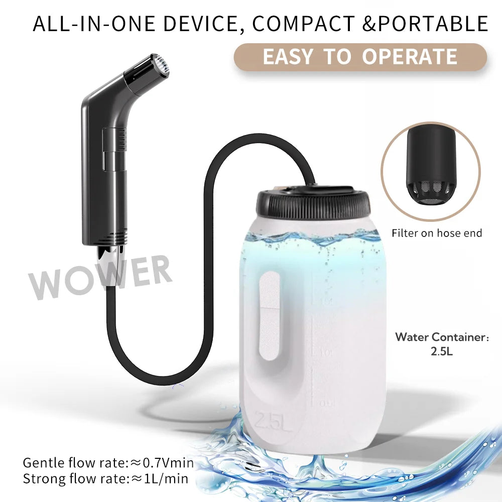 Genopladeligt rejsebidet med 2,5 liters beholder og to stråleindstillinger