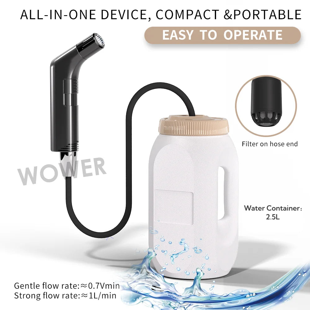 Genopladeligt rejsebidet med 2,5 liters beholder og to stråleindstillinger