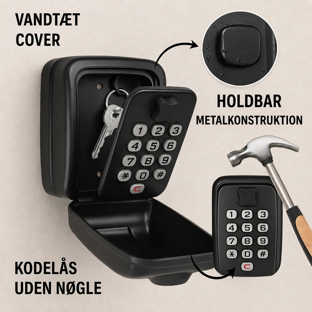 Nøgleboks i metal til vægmontering med indstillelig talkode