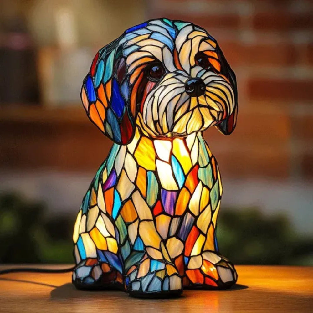 Bordlampe i farvet glas i hundestil – dyreindretning