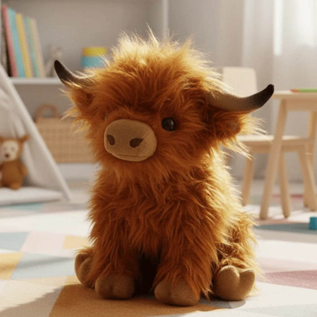 Blød bamse i form af en Highland-ko i krammevenligt plys