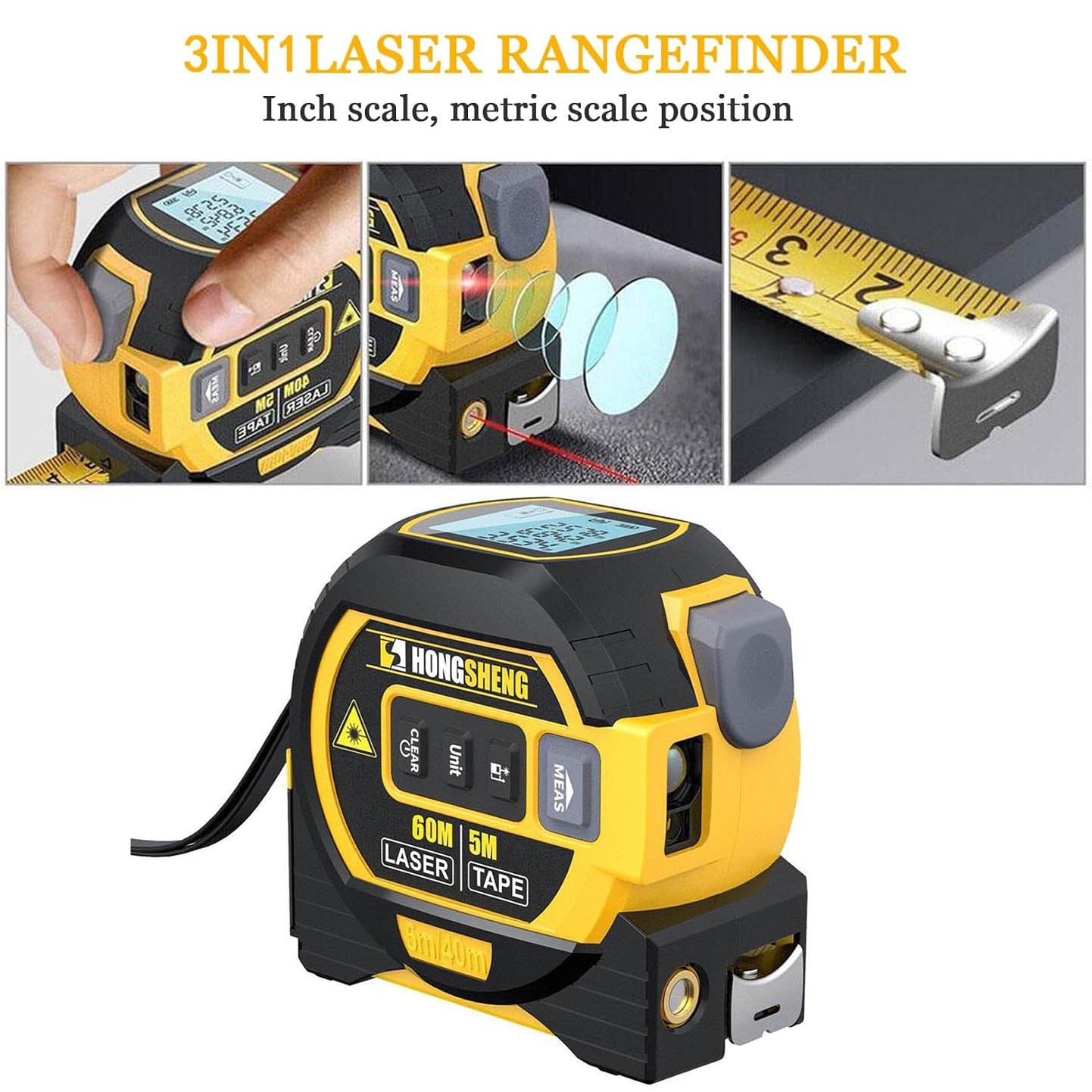 3-i-1 lasermåler med 5 m målebånd og 60 m rækkevidde