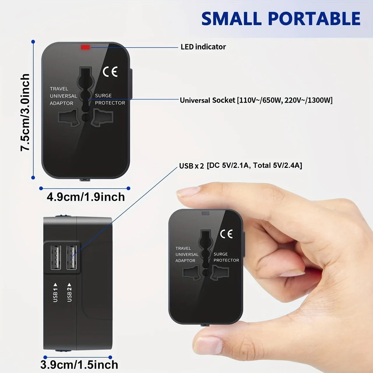 Universal rejseadapter med 2 USB-porte