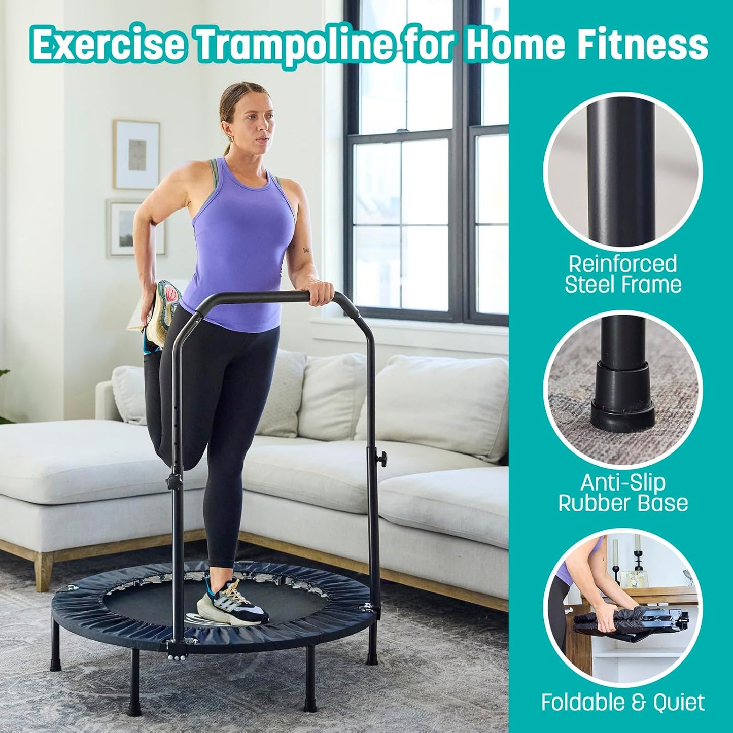 Sammenklappelig fitness-trampolin med håndtag Indendørs træningsrebounder til voksne