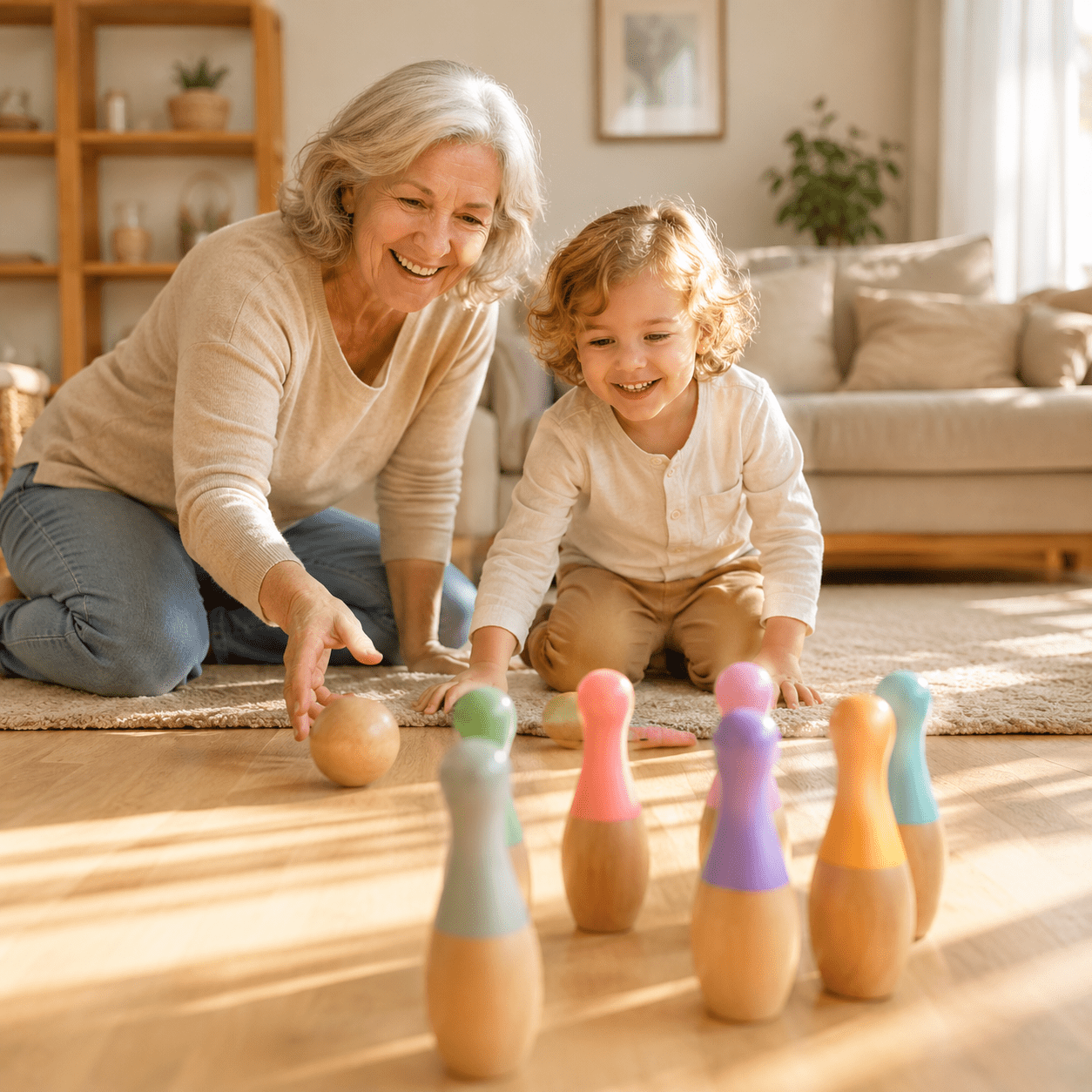Montessori regnbue-bowling-sæt i træ